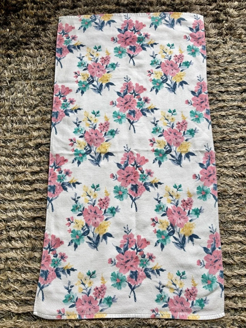 Floral Print Bath Towel in Pink, Teal & Yellow - Soft White Background